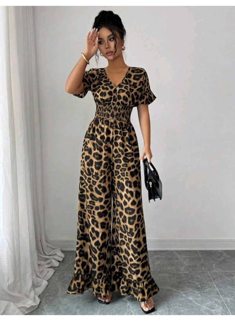 Shein Elenzga Women's Leopard Print Shirred Waist Short Puff Sleeve Wide Leg Jumpsuit - Image 1